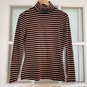 Lands End black camel brown striped turtleneck tee t-shirt cotton rayon blend S